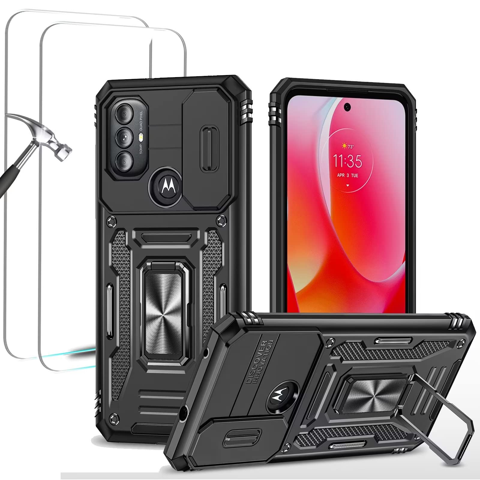 ESONG Cover Per Moto G 5G 2023 – Custodia Protettiva Grado Militare Con Sportello Fotocamera, Anello Magnetico 360° E 2 Pellicole Vetro Temperato, Rosso
