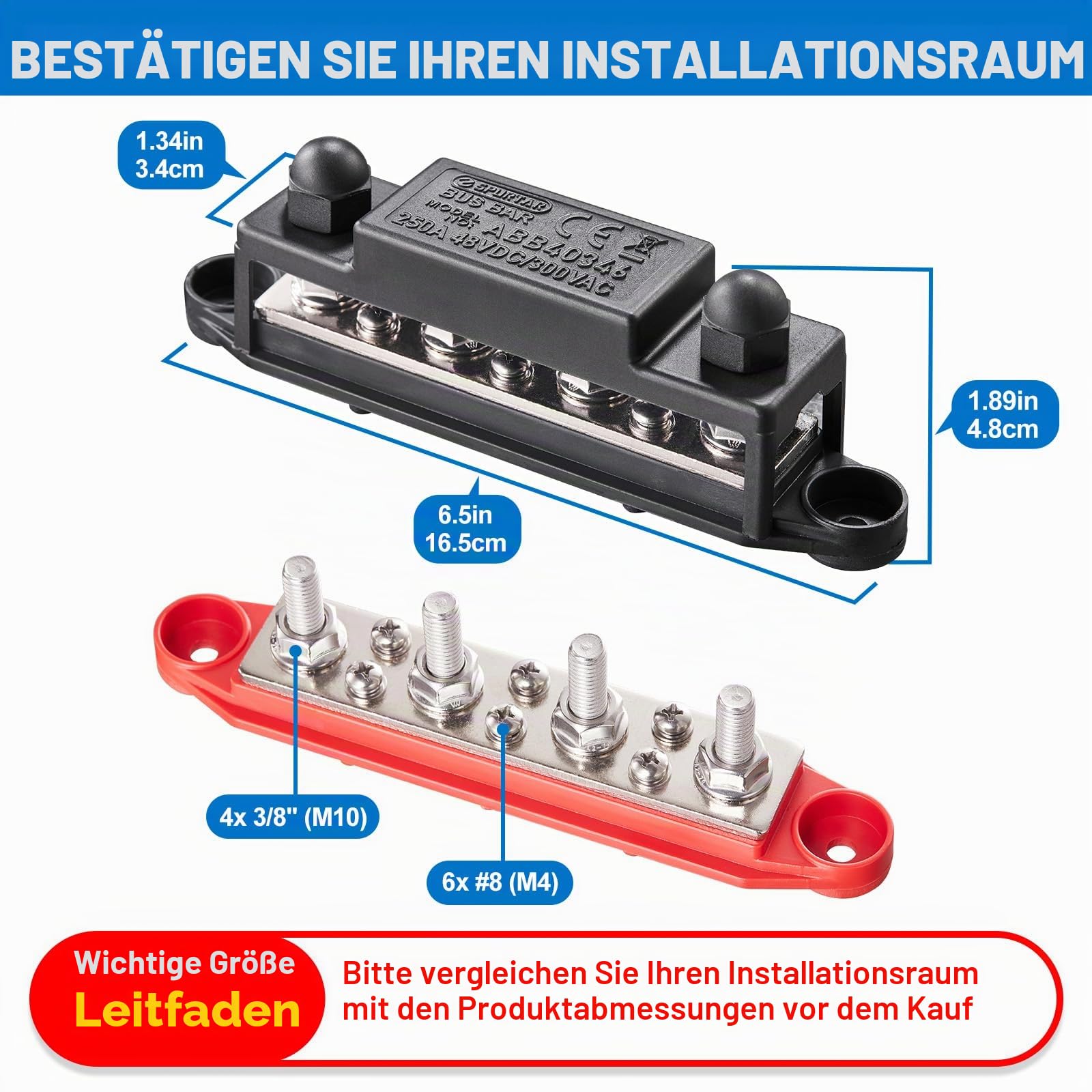 Spurtar Sammelschiene Busbar 250A 12-48V Verteilerblock Batterie Stromverteiler mit 4x M10 und 6x M4 Schraubklemmen für KFZ LKW Wohnmobil 16,5 × 3,4 × 4,8 cm – Nicht für enge Räume geeignet