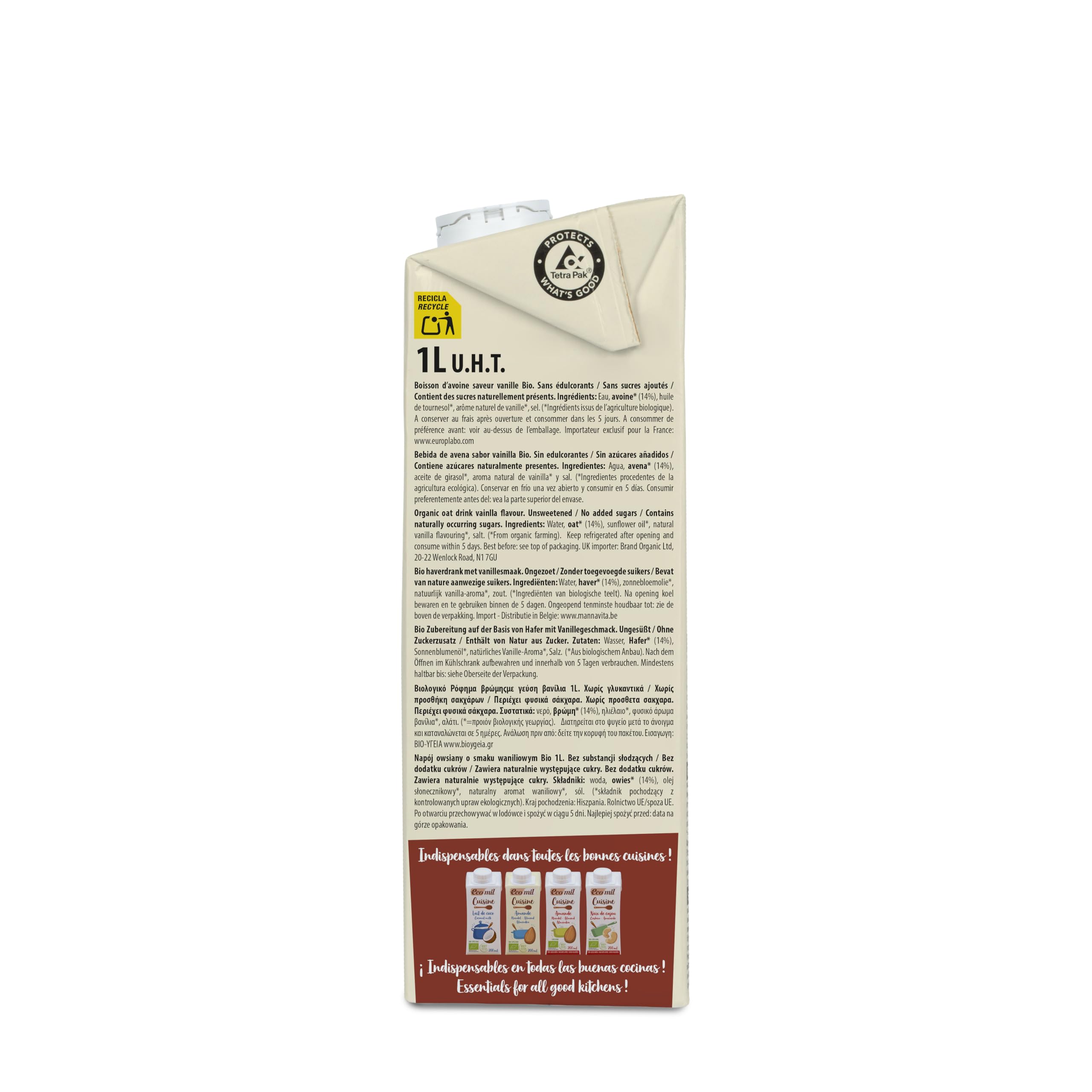Ecomil - Bebida Vegetal de Avena y Vainilla Bio, Pack 6 x 1 L, Sin Azúcares Añadidos, Ecológica y Vegana, Lista para Consumir, Sabor Suave y Natural