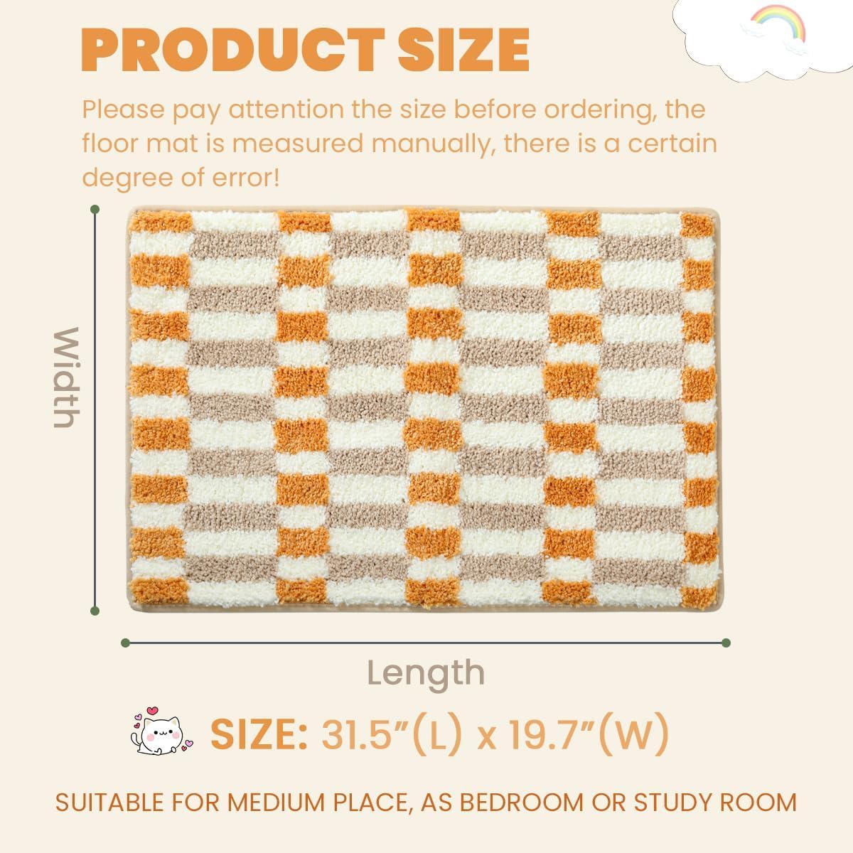 Checkered Bath Mat Fun Bathroom Mat Non Slip and Super Absorbent Bathroom Rug Machine Wash Mat for Tub, Bedroom and Washing Room (31"x20", Orange)