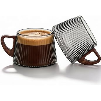 Holzwurm Coffee Cups Set   Set of 2 Coffee Cups Large Made of Borosilicate Glass with Wooden Handle 230 ml per Coffee Cup   Coffee Cups Modern Set for Stylish Enjoyment