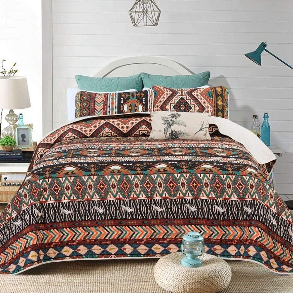 3 Piece Bohemian Bedspread Set with 2 Pillowcases Boho Mandala Pattern Bedspread for All-Season Soft Microfiber Lightweight Coverlet King Size 240x260 cm