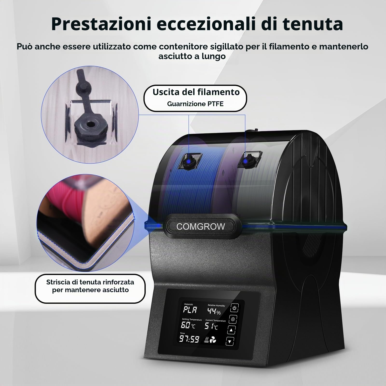 Comgrow Filamento per stampante 3D, scatola per asciugatrici, SH02,3D, mantiene i filamenti asciutti durante la stampa 3D, compatibile con 1,75 mm/2,85 mm, PLA PETG PC ABS ASA, filamento essiccatore,