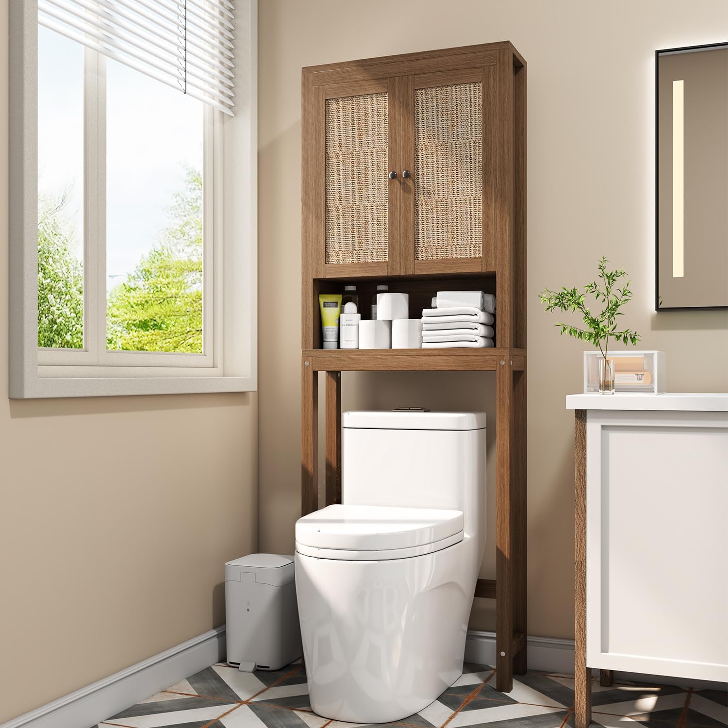 knoworld Rattan Over The Toilet Storage Cabinet, Above Toilet Bathroom Organizer with Adjustable Shelf, Behind Toilet Cabinet, Space Saver for Restroom, Bathroom, Laundry, Caramel Oak