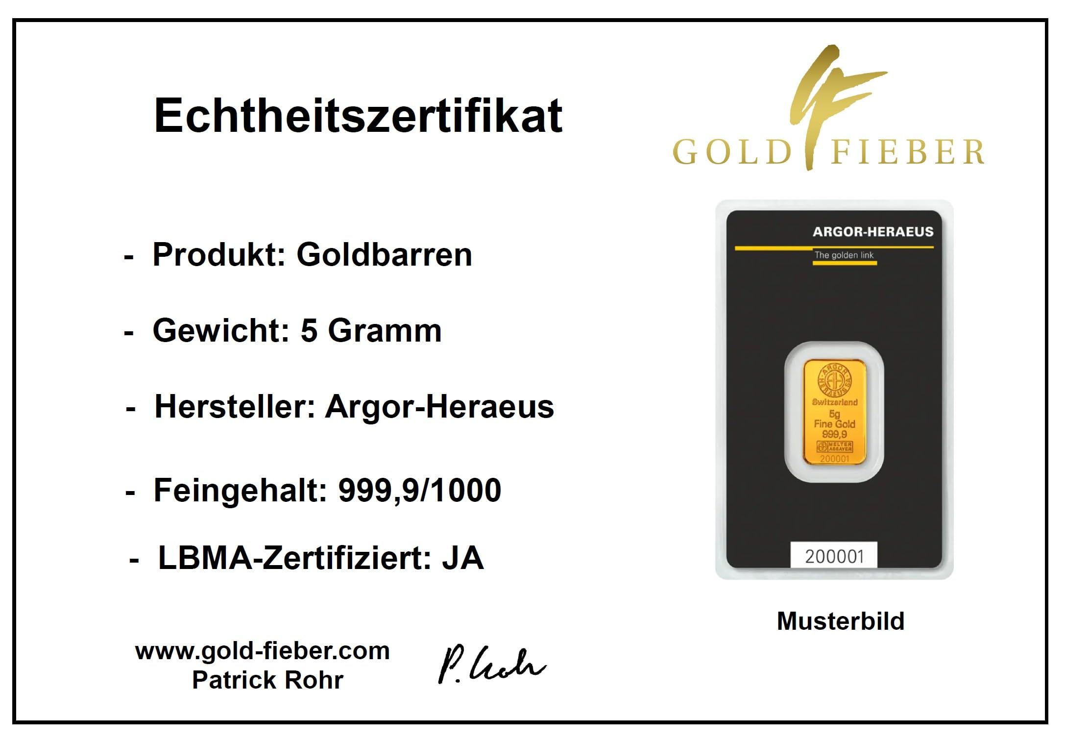 5 Gramm Goldbarren Argor-Heraeus + Echtheitszertifikat - 5 g Gold - Feingold 999.9 - LBMA - Neu