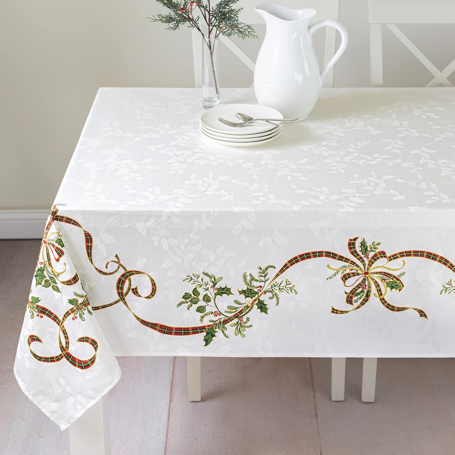 Benson Mills Merry Ribbons Engineered Printed Jacquard Fabric Christmas Table Cloth, Elegant Christmas Tablecloth for All Holiday and Winter (60" x 84" Rectangular)