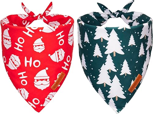 ADOGGYGO Bandanas navideñas para perros, paquete de 2 unidades, bufanda de Papá Noel para perro, diseño de árbol de Navidad, tela duradera de alta