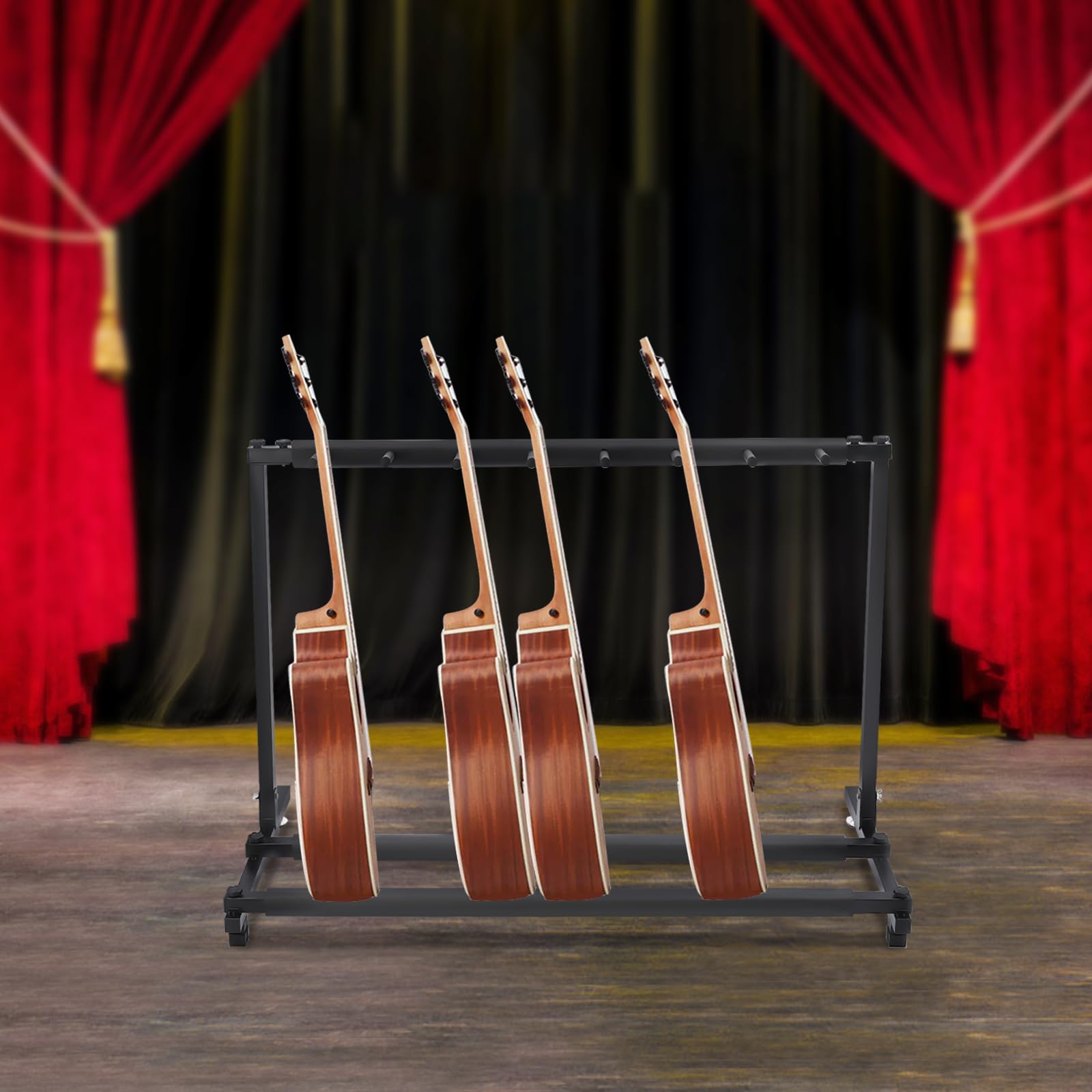 Stojak na 7 gitar, składany z wyściółką piankową, stabilny stojak na gitarę elektryczną, akustyczną i basową, nie zajmuje dużo miejsca, antypoślizgowe nóżki, czarny, 110 x 46,5 x 73 cm
