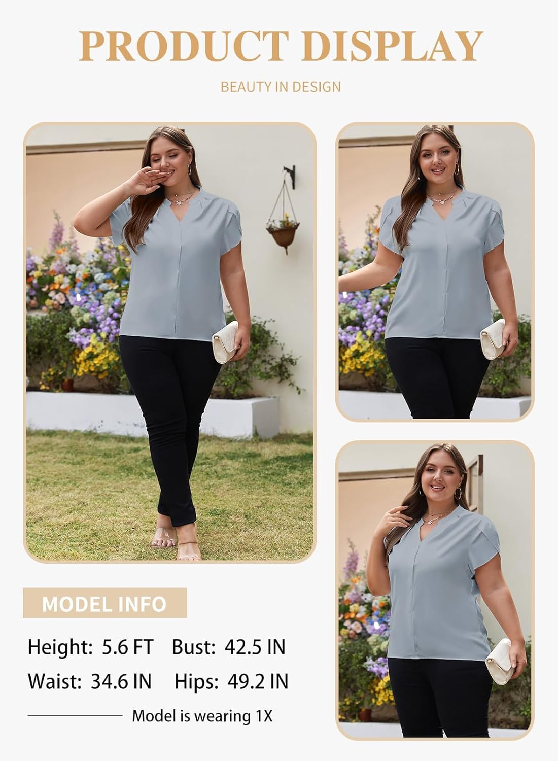 Eytino Women Plus Size Shirts Summer V Neck Petal Sleeve Business Work Dressy Blouse Tops(1X-5X) - Image 3