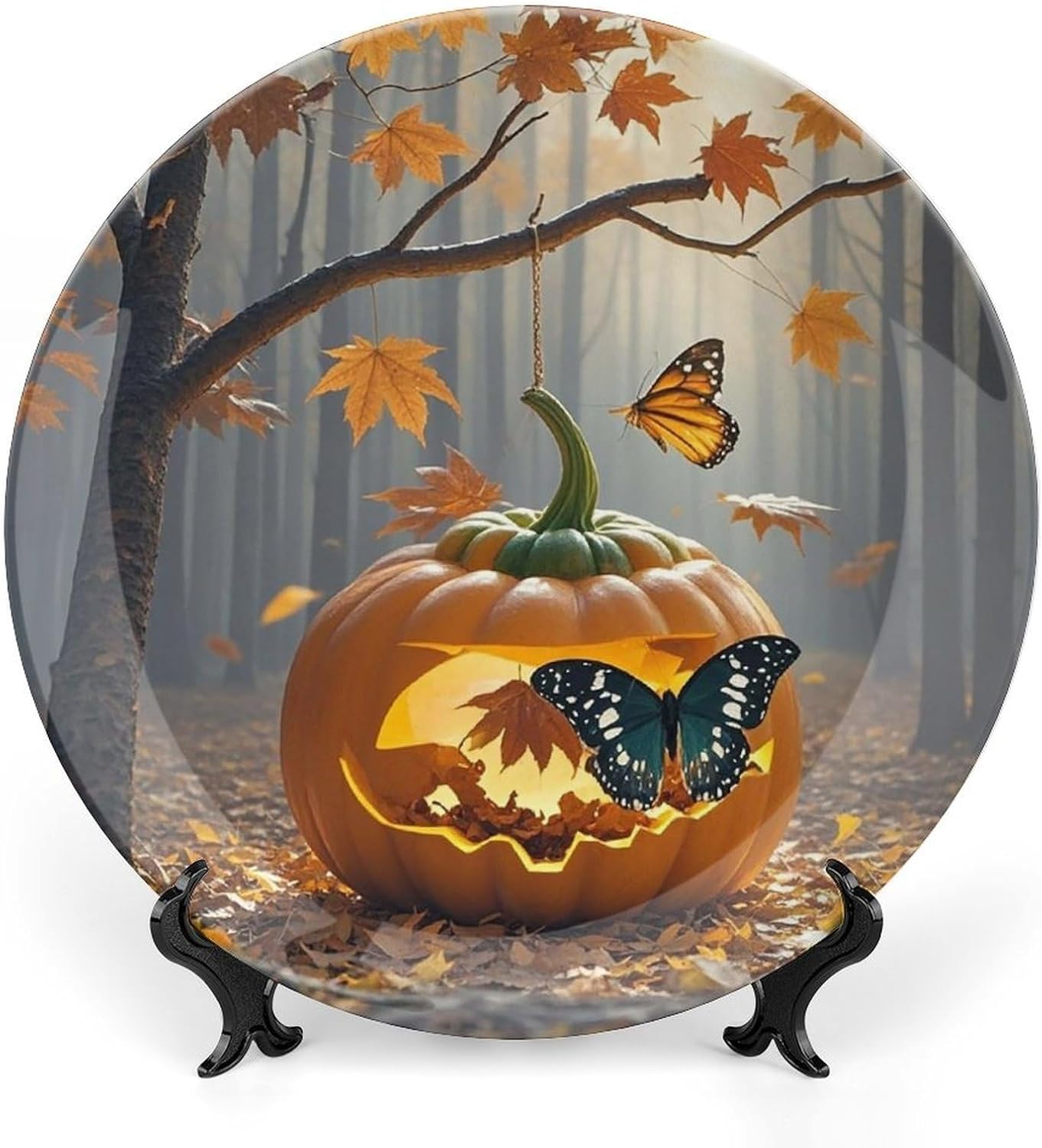 Forgotten Pumpkin Ceramic Decorative Plate for Home, Bone China Plates | Chinese Style Decorative Dish with Stand, Dinner Plates Art Crafts for Wall Decor, Collections Plate with Hook 6inch