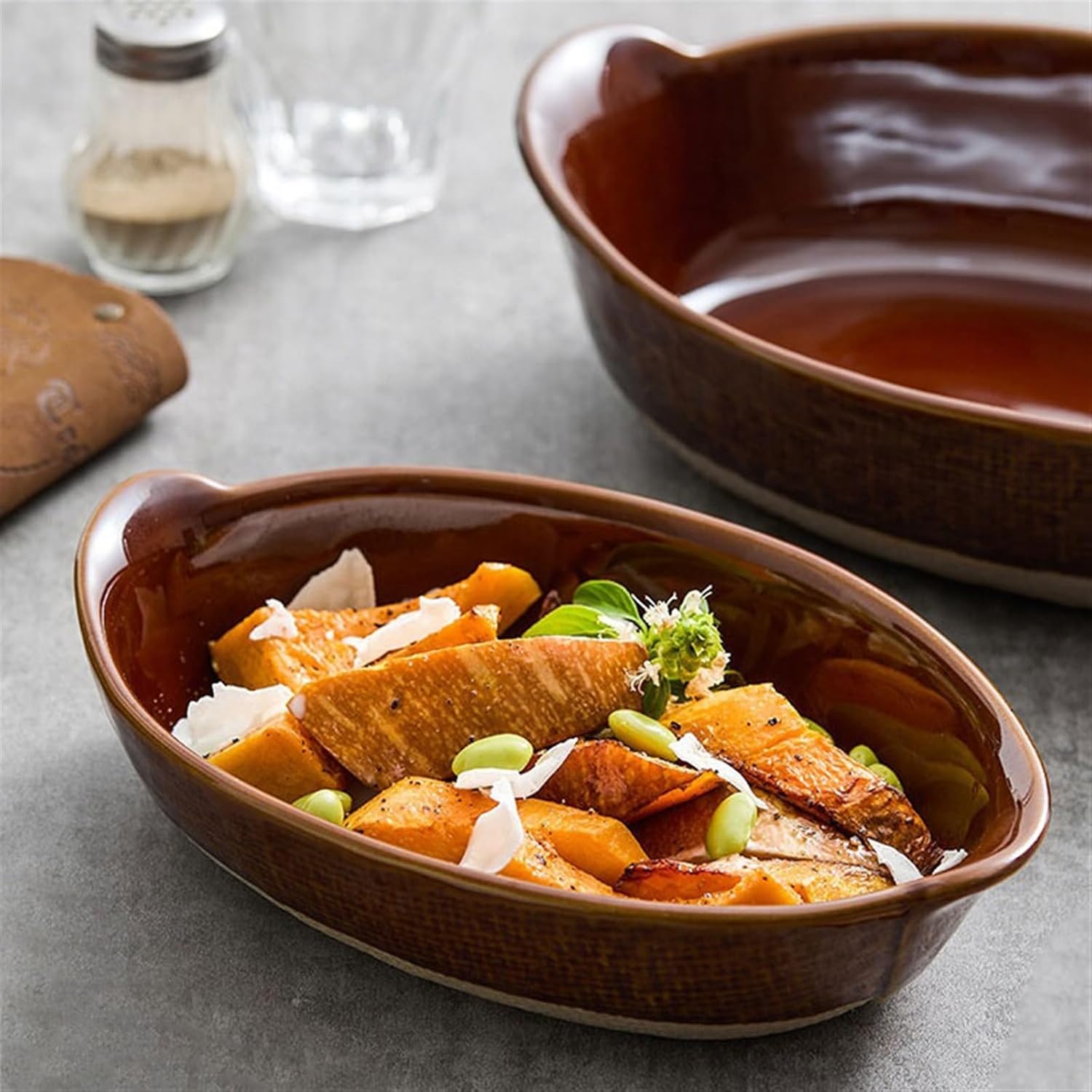 Lasagna Pans Ceramic Double Ear Retro Cheese Baked Rice Plate Creative Salad Bowl Household Deepening Plate Rough Ceramic Tableware Lasagne Dish(Brown,10.5 inches)