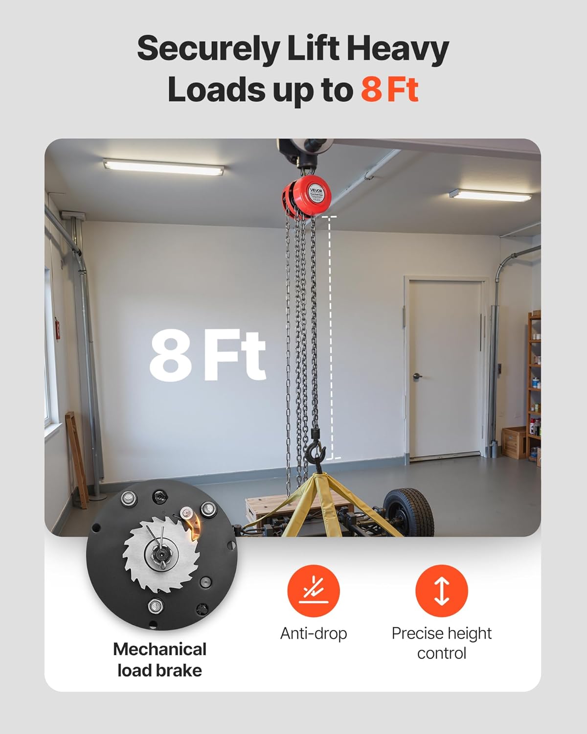 VEVOR Hand Chain Hoist, 1 Ton 2200 lbs Capacity, Manual Chain Block with Upgrade G70 Galvanized Chain, 8 ft Lifting Height, Heavy Duty Pulley Hoist for Garage Warehouse Automotive Machinery, Red
