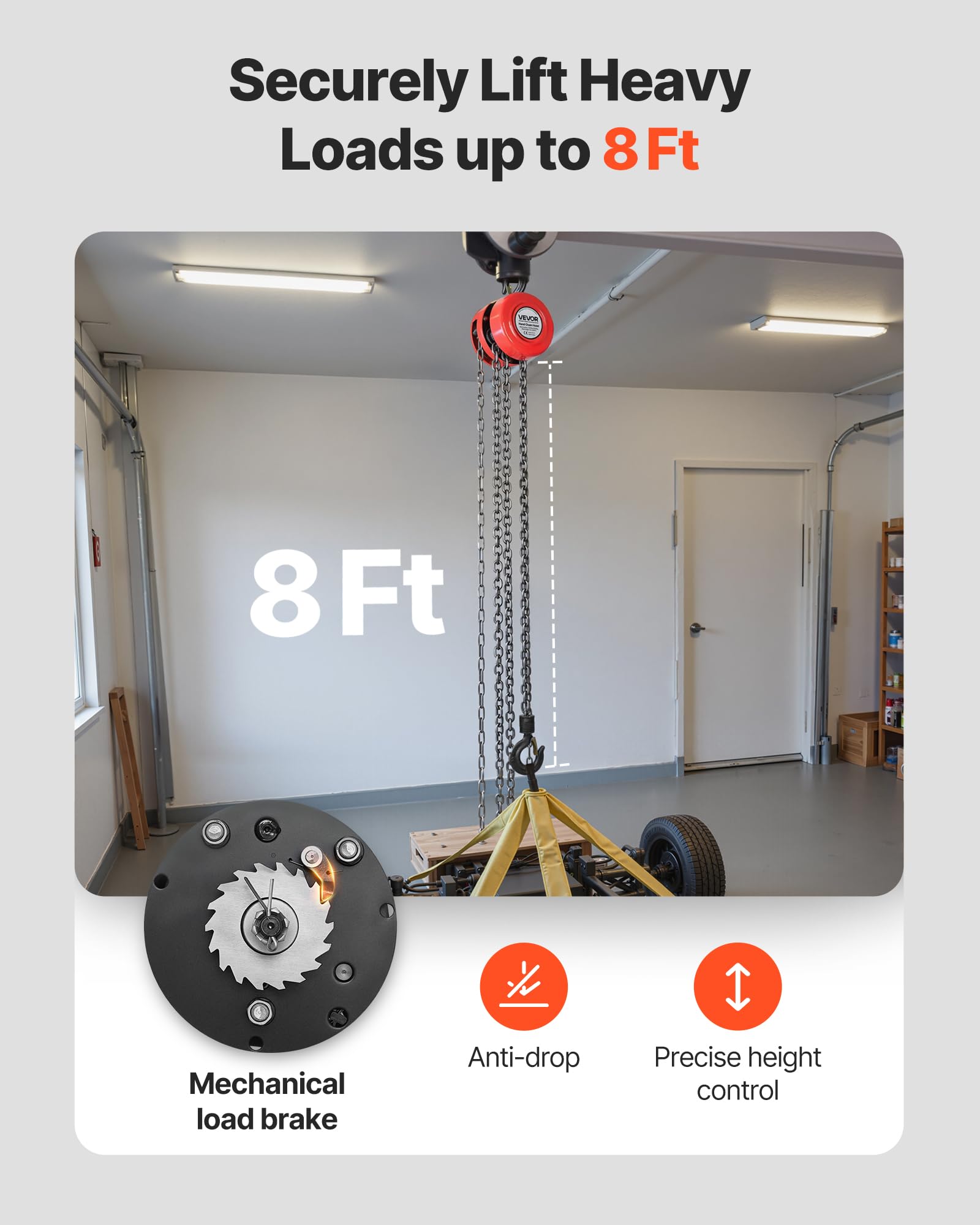 VEVOR Palan Manuel à Chaîne, Capacité Charge 1 T, Hauteur de Levage 2,44 m, avec Crochet Robuste, Chaîne G70, Frein Sécurité Mécanique, Levage de Marchandise pour Garages, Chantiers, Entrepôts, Rouge