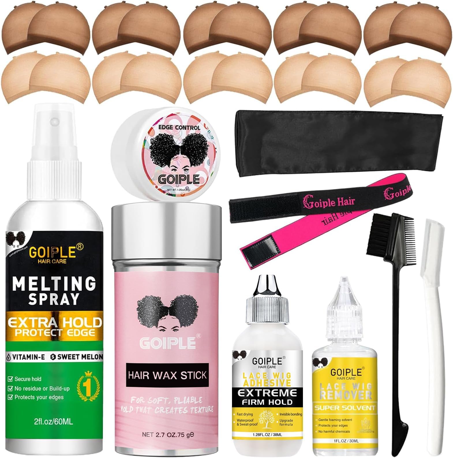 Wig Accessory Essentials Kit Lace Front Wig Glue & Remover, Wig Caps, Elastic Band, Hair Wax Stick, Edge Control, Edge Brush, Hair Shear Dermaplanning Razor Tool and Edge Scarf - 29PCS