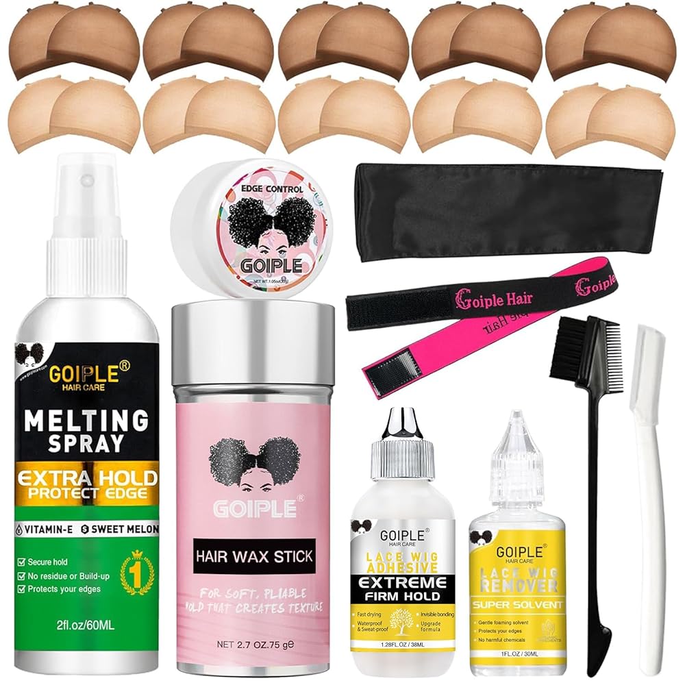 Wig Accessory Essentials Kit Lace Front Wig Glue & Remover, Wig Caps, Elastic Band, Hair Wax Stick, Edge Control, Edge Brush, Hair Shear Dermaplanning Razor Tool and Edge Scarf - 29PCS