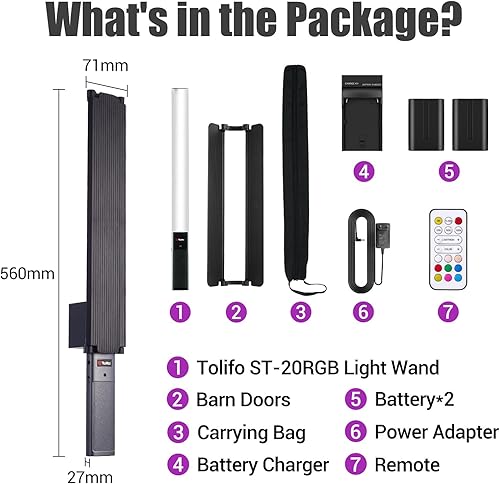 Miniatura 7 de Tolifo Varita de luz LED RGB para fotografía con 2 baterías, barra de luz de video portátil de 20 W con puerta de granero de metal, iluminación