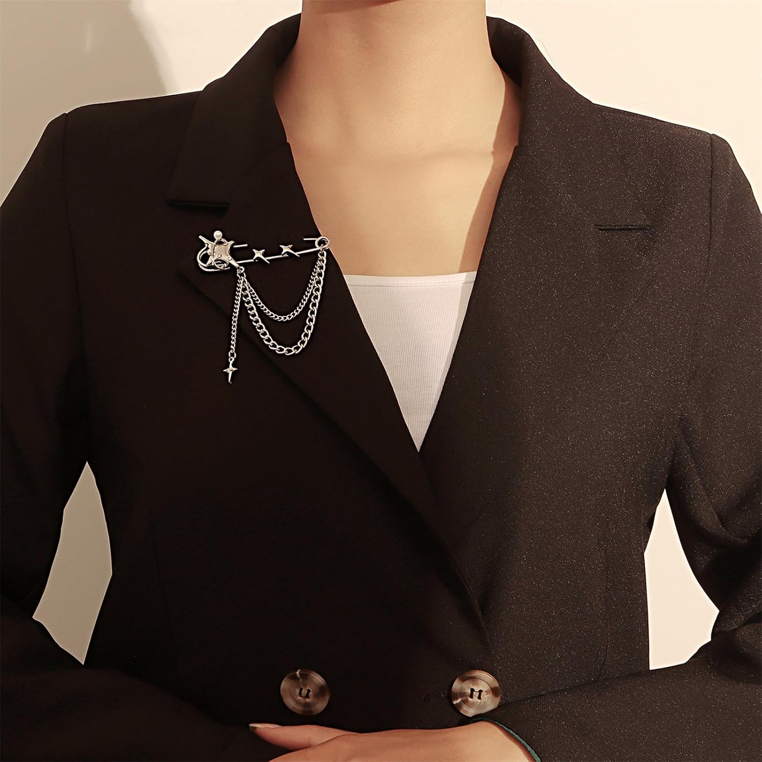 Punk Gold Silver Star Moon Tassel Chain Brooch,Vintage Crystal Moon Star Collar Pins Cubic Zirconia Sweater Shawl Clips Collar Brooch for Women