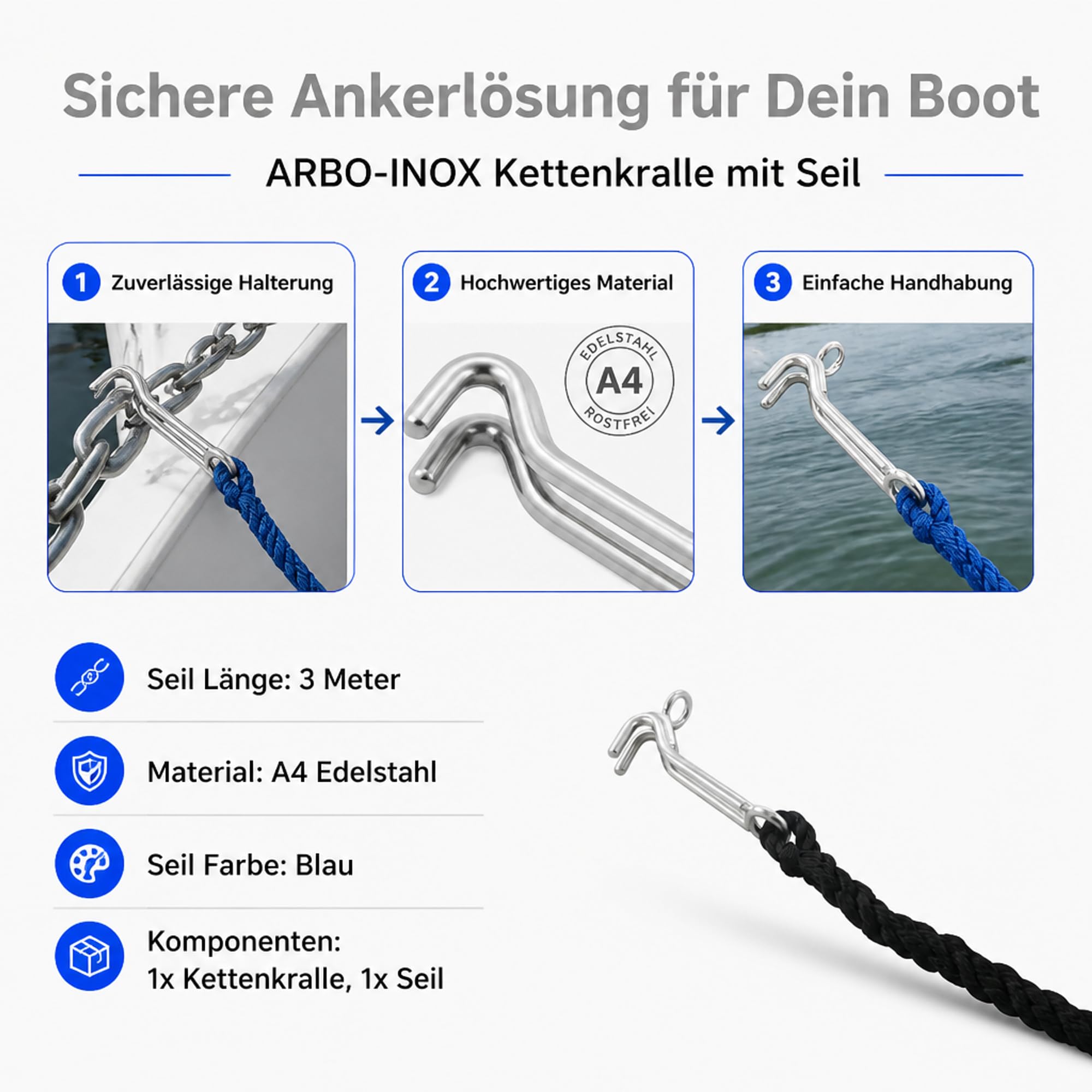 ARBO-INOX Kettenkralle mit Seil Edelstahl