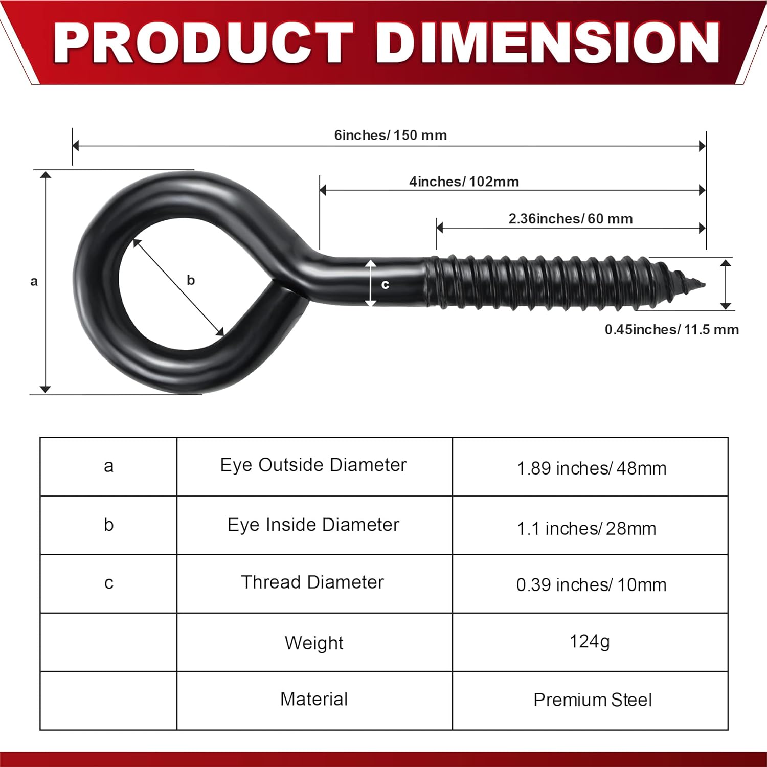 6 Inch Heavy Duty Black Screw Eyes Hooks, 700LBS Breaking Strength, 4PCS Self Tapping Eyelet Screw Eye Bolts, Screw in Eye Hooks for Wood Securing Cables Wire, Heavy Indoor & Outdoor Uses - Image 3