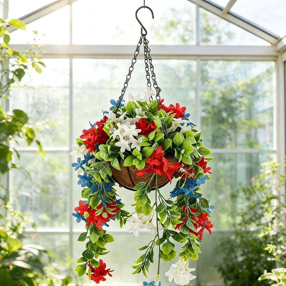 Cesto di fiori artificiali rosso bianco blu primavera decorazione vibrante composizione floreale plastica appeso ghirlanda pendente per casa giardino porta parete festa festa celebrazione