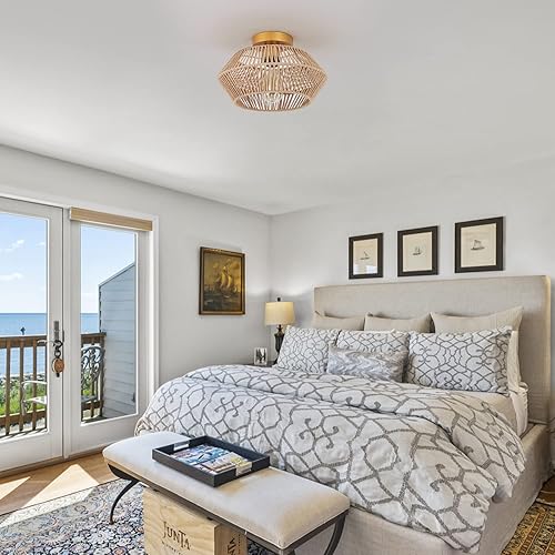 Miniatura 8 de VILUXY Lámpara de techo de ratán, lámpara de techo bohemia de montaje empotrado, mini araña tejida a mano, cepillo de latón dorado, acabado de