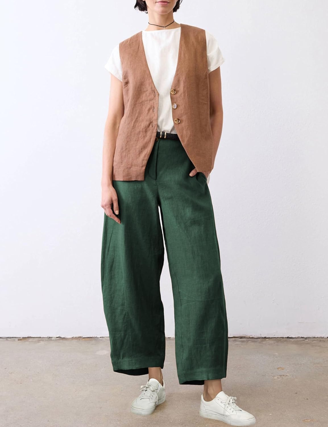 Xiaoxuemeng Linen Pants Women Wide Leg Capri Beach Pants Elastic Waisted Baggy Linen Trousers - Image 4