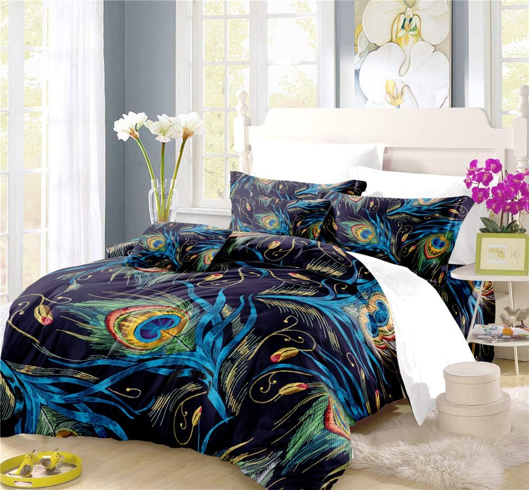 REALIN Peacock Duvet Cover Set Colorful Bedding Phnom Penh Feather Noble Royal Blue