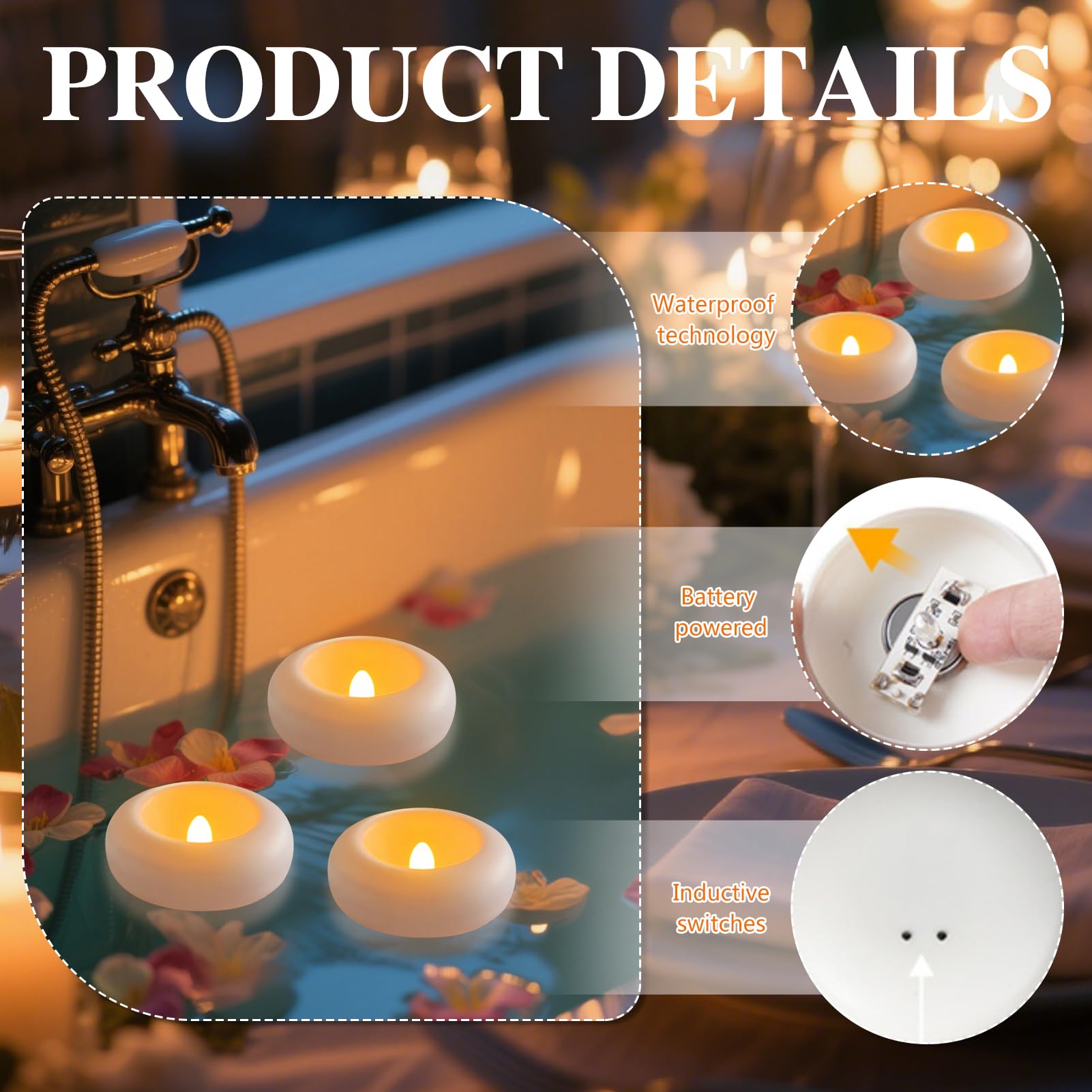 FUFRE Lot de 12/24 bougies flottantes à LED, légères, étanches tout autour, sans flamme, avec interrupteur inductif, bougies flottantes avec batterie CR2032, pour fête de piscine (B-24)
