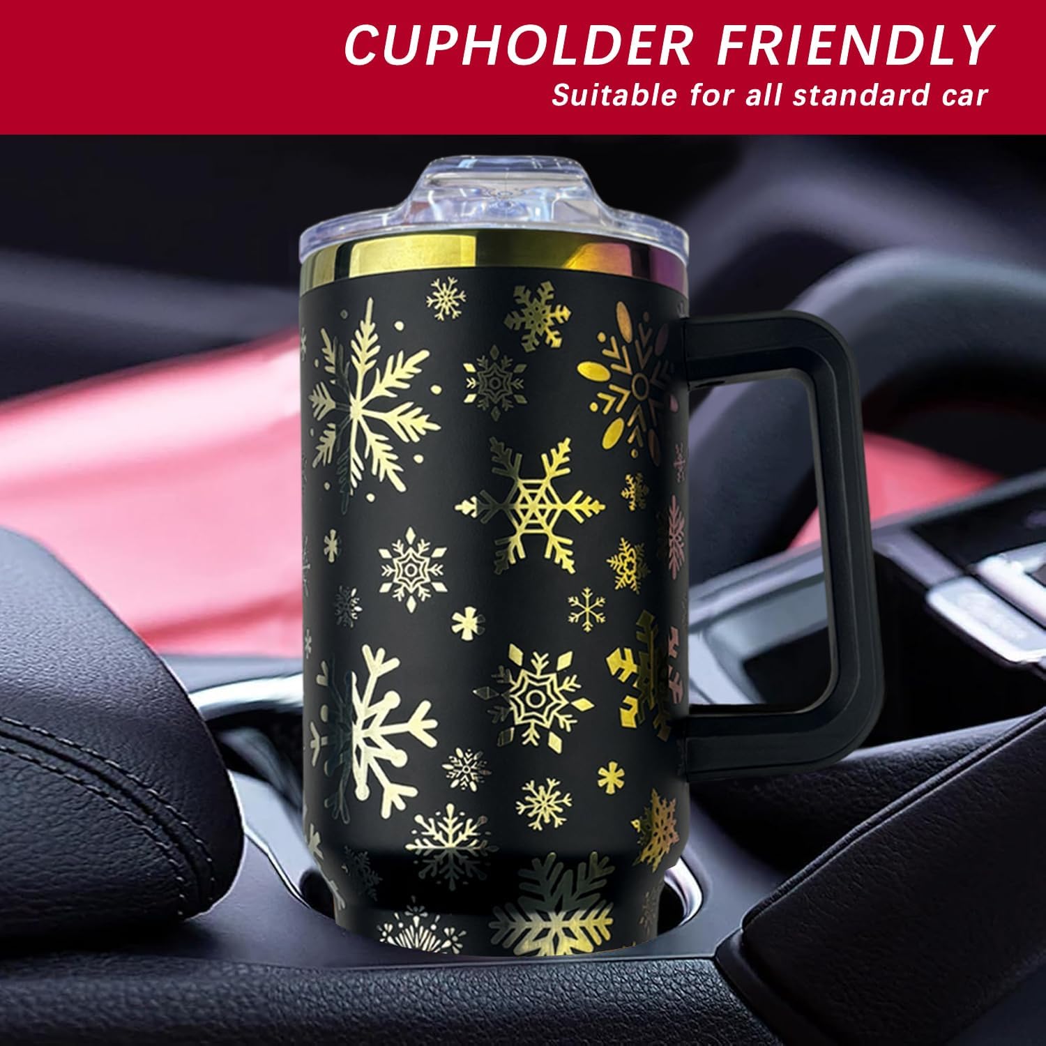 40oz Christmas Tumbler with Handle,Snowflake Coffee Cups with Lid and Straw,Stainless Steel Insulated Travel Mug,Xmas Gifts for Women & Men-Black - Image 6