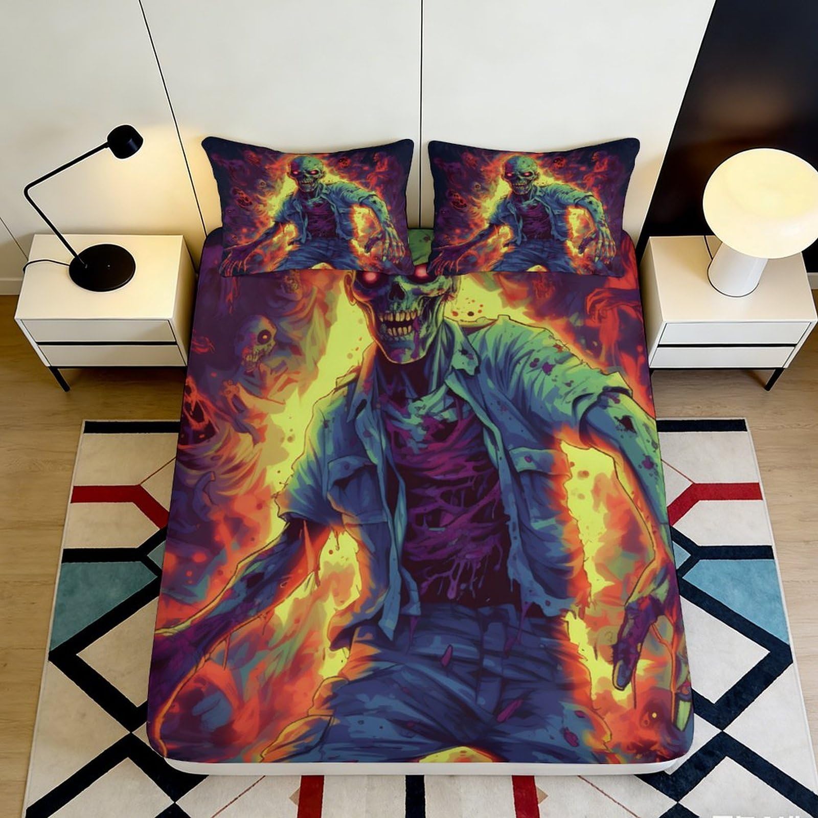 3D Printed Fiery Skull Fitted Sheet Microfiber Soft Breathable Demon Flames Mattress Cover for Bedroom Dorm Decor 90x200x25cm