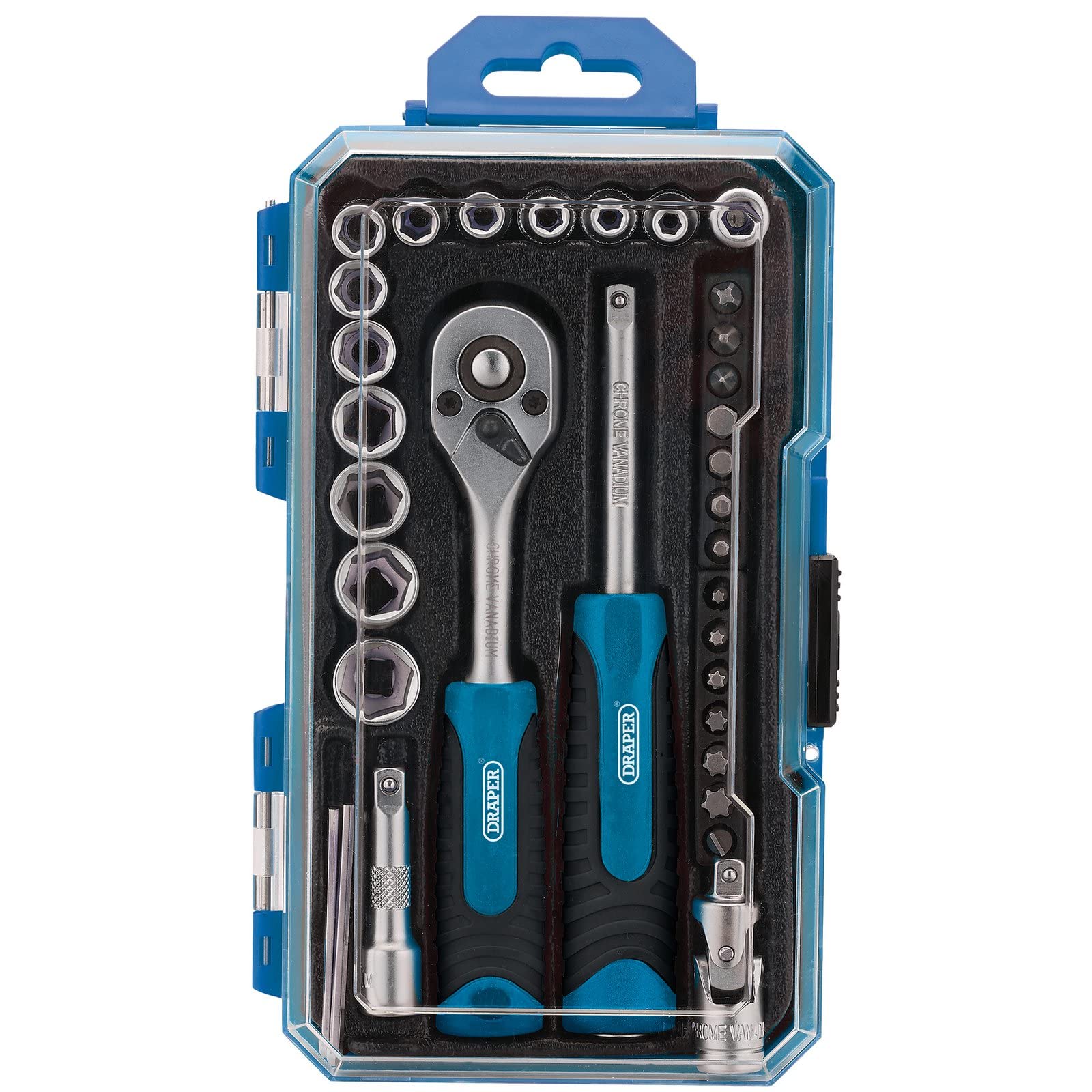 Draper 35Pc Socket Set 1/4" Drive Chrome Vanadium Ratchet & Bit Set Plastic Case from B&Q
