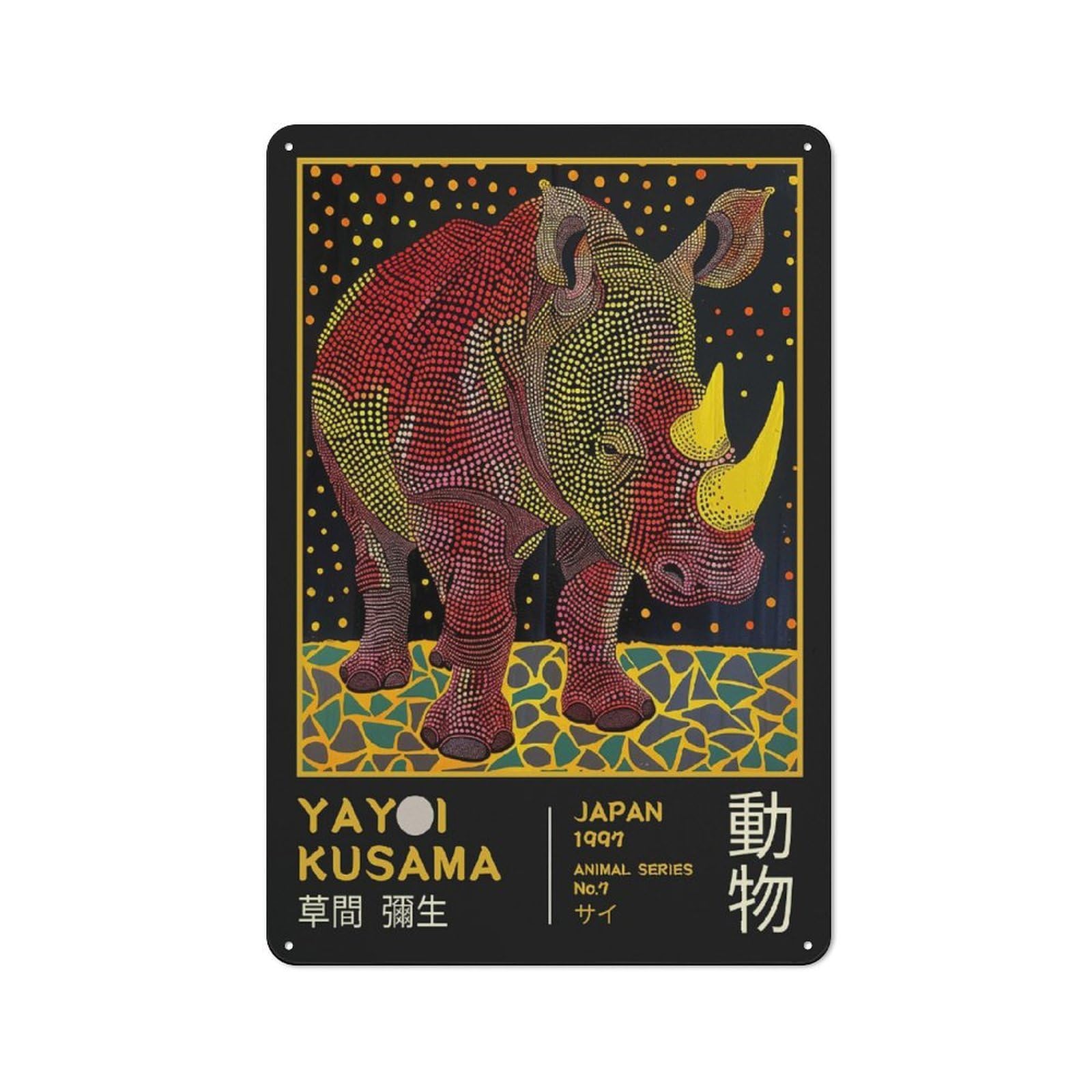 Junmoney Style-23 Yayoi Kusama Rhino No.7 Exhibition Poster Tin Wall Sign 30X20cm, Country Style Bistro Wall Plaque For Coffee Bar, Kitchen, Bistro Or Tea Corner