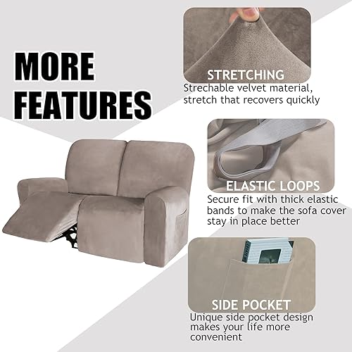 Miniatura 5 de Funda de terciopelo para sofá biplaza reclinable de 6 piezas con bolsillos, funda de sofá biplaza reclinable de 2 asientos para sala de estar,
