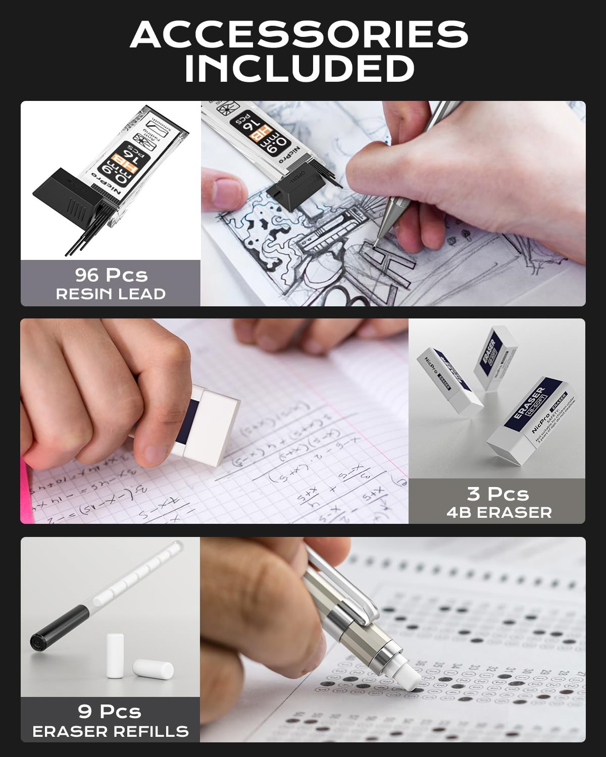 Nicpro Juego de 4 lápices mecánicos de metal de 0,9 mm, MB1000, lápices de dibujo con mina de 0,9 mm, con 6 recargas HB #2, 3 gomas de borrar 4B, 9 tapas para escribir artistas, bocetos