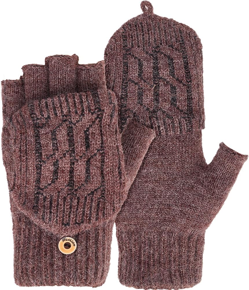 1 Pair Wool Gloves with Mitten Flap Cover Brown Winter Warm Soft Flip Top Insulation Thermal Knitted Fingerless Thumb Hole Wrist Mittens Bulk for Men Women Texting Driving Outings Activity