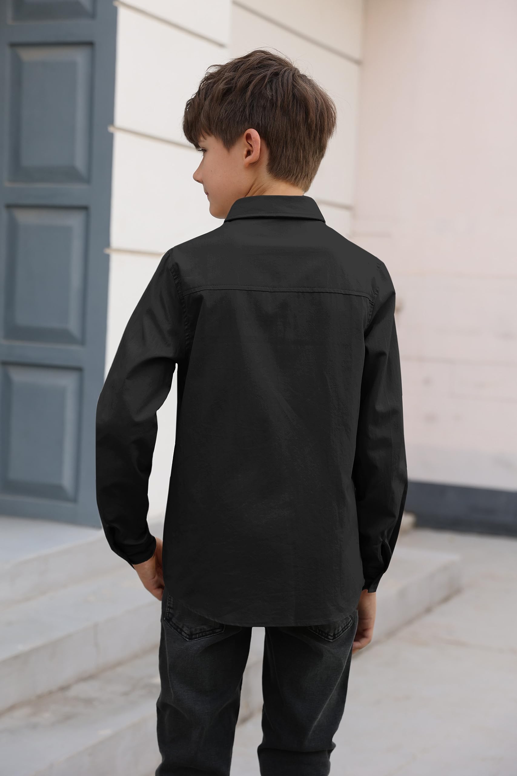 Camicia a maniche lunghe, in cotone, casual, per bambini, tinta unita, con tasca sul petto