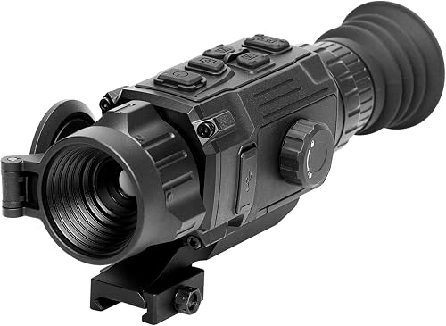 Lunette de visée thermique AGM Rattler V2 noire sur son embase Picatinny, bouchon d’objectif relevé