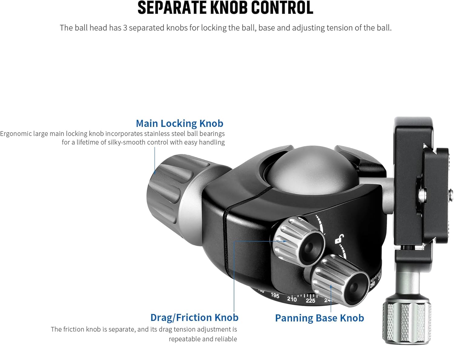 LEOFOTO 87mm Camera Tripod Ball Head Mount with 1/4" Arca QR Plate for Camera/DSLR/Camcorder, 360° Swivel & 90° Tilt Panoramic Ball Head, 3/8" Mounting Screw for Tripod/Monopod/Slider, Max Load 44lb