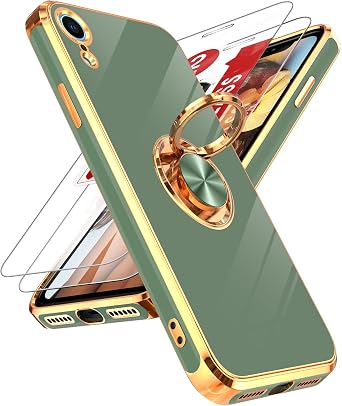 LeYi for iPhone XR Phone Case with Tempered Glass Screen Protector [2 Pack] 360 Rotatable Ring Holder Magnetic Kickstand, Plating Rose Gold Edge for iPhone XR Case, L-Green