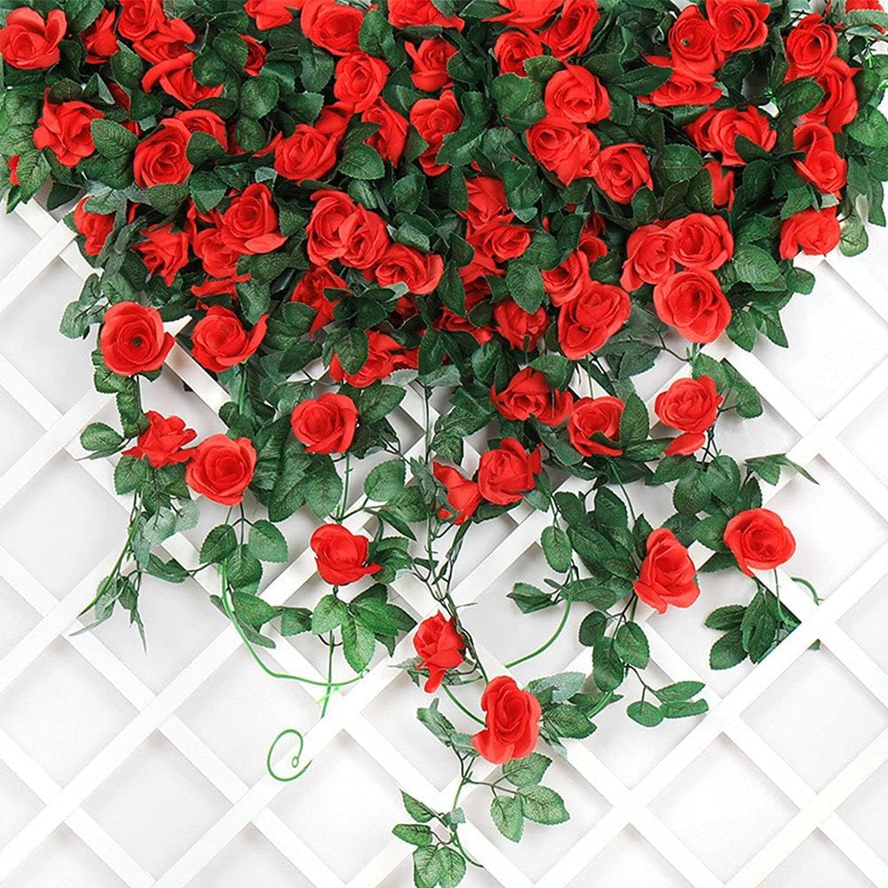 4 Pack Fake Rose Vine Flowers Plants 32.2 FT Artificial Flower Hanging Rose Ivy Home Hotel Office Wedding Party Garden Craft Art Decor (Red)
