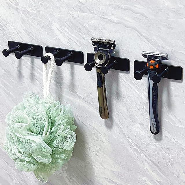 pickpiff Razor Holder for Shower Self-Adhesive, Extra Sticky Waterproof Anti-Rust, Bathroom Kitchen Hanger for Plugs, Loofa, Towel, Shaver, Coat, Key, Multi-Function Wall Hook Black, 4 Pack