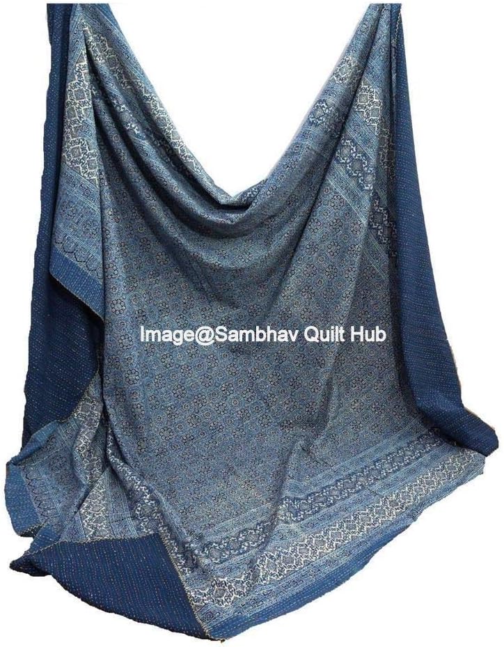 Indian Handmade Quilting Queen Size Hand Block Print Kantha Quilt 90x108 Inch Ajrakh Kantha Bedspread Vegetable Dye Kantha Blanket Indigo Print Ajrakh Kantha Quilt Twin/Queen (60X90 inch)