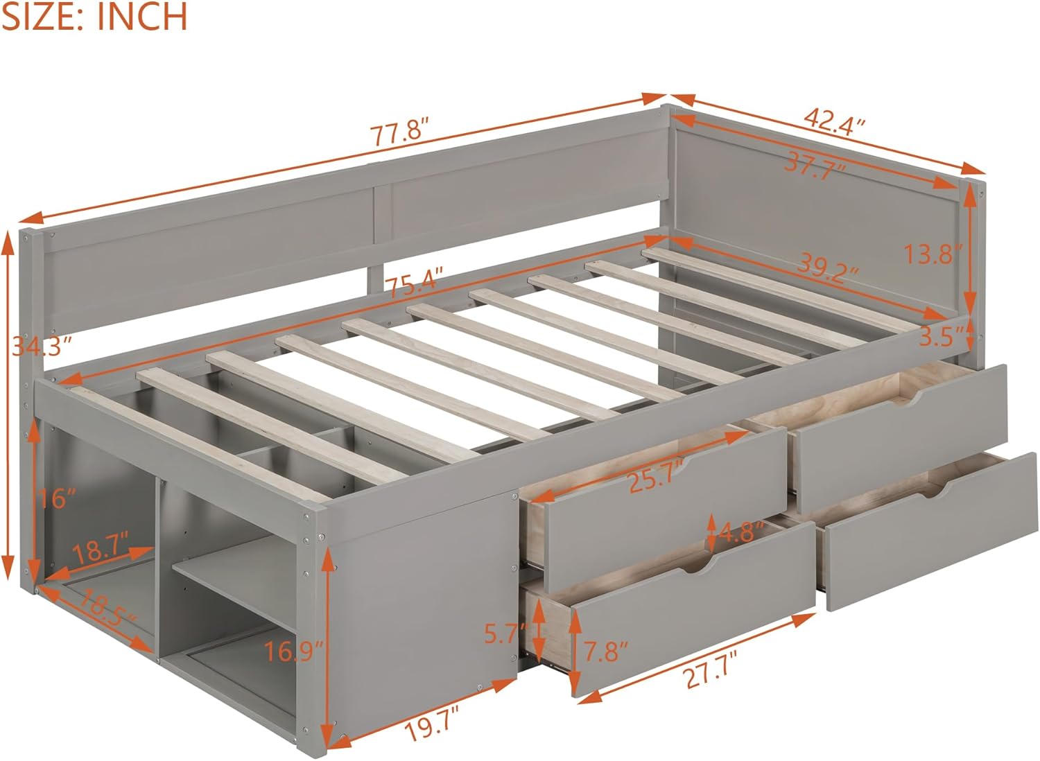 Flieks Twin Size Daybed with Drawers and Shelves, Gray