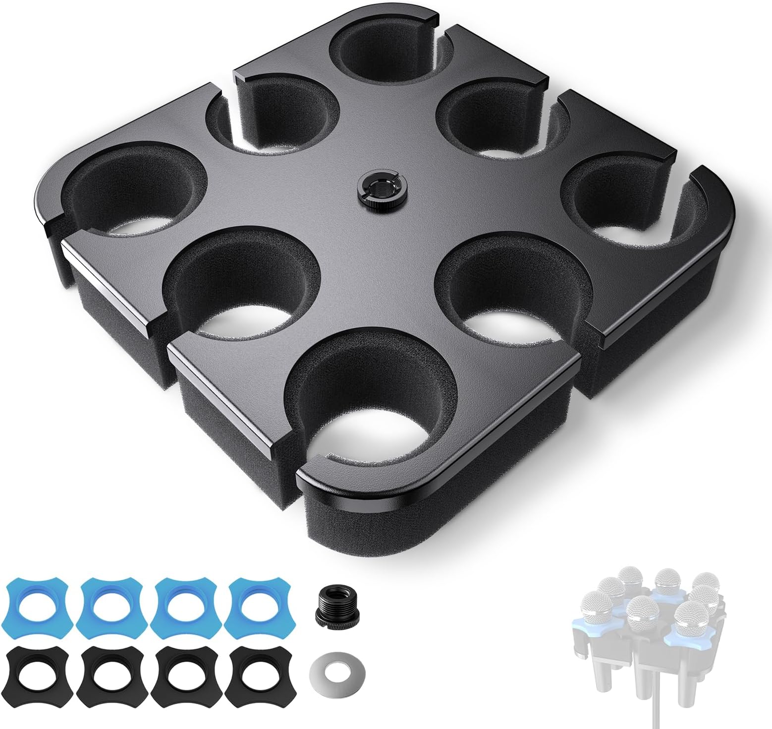 Multi Microphone Holder for Handheld Dynamic, Wired and Wireless Mics storage, Square Tray Attachment holds up to 8 mics On Stage Organizer and Display
