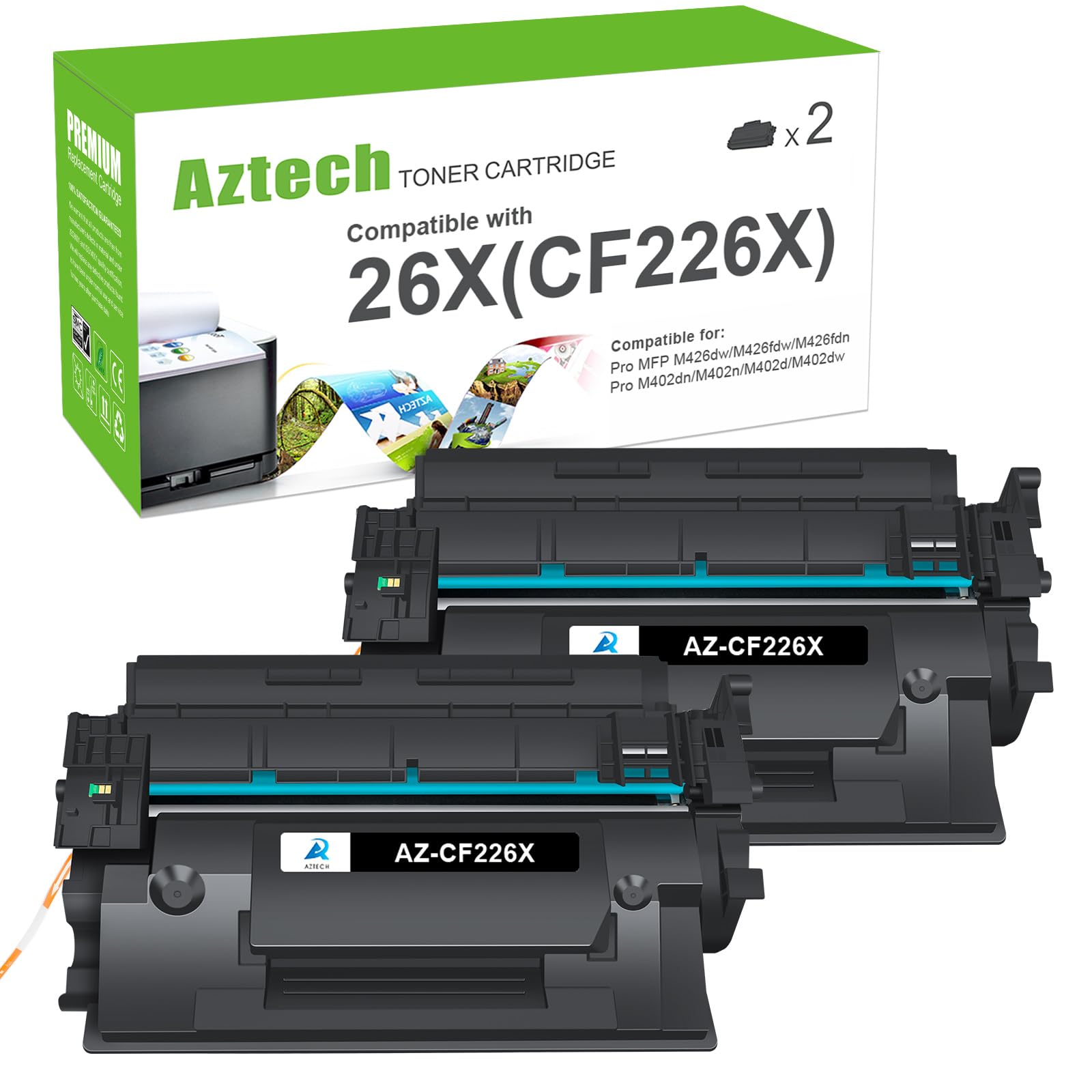 Aztech 26X CF226X Toner Cartridge High Yield Compatible Replacement for HP LaserJet 26X CF226X 26A CF226A Pro M402dn M402n M402dw Pro MFP M426fdw M426fdn M426dw CF226XC Printer Ink (Black 2-Pack)