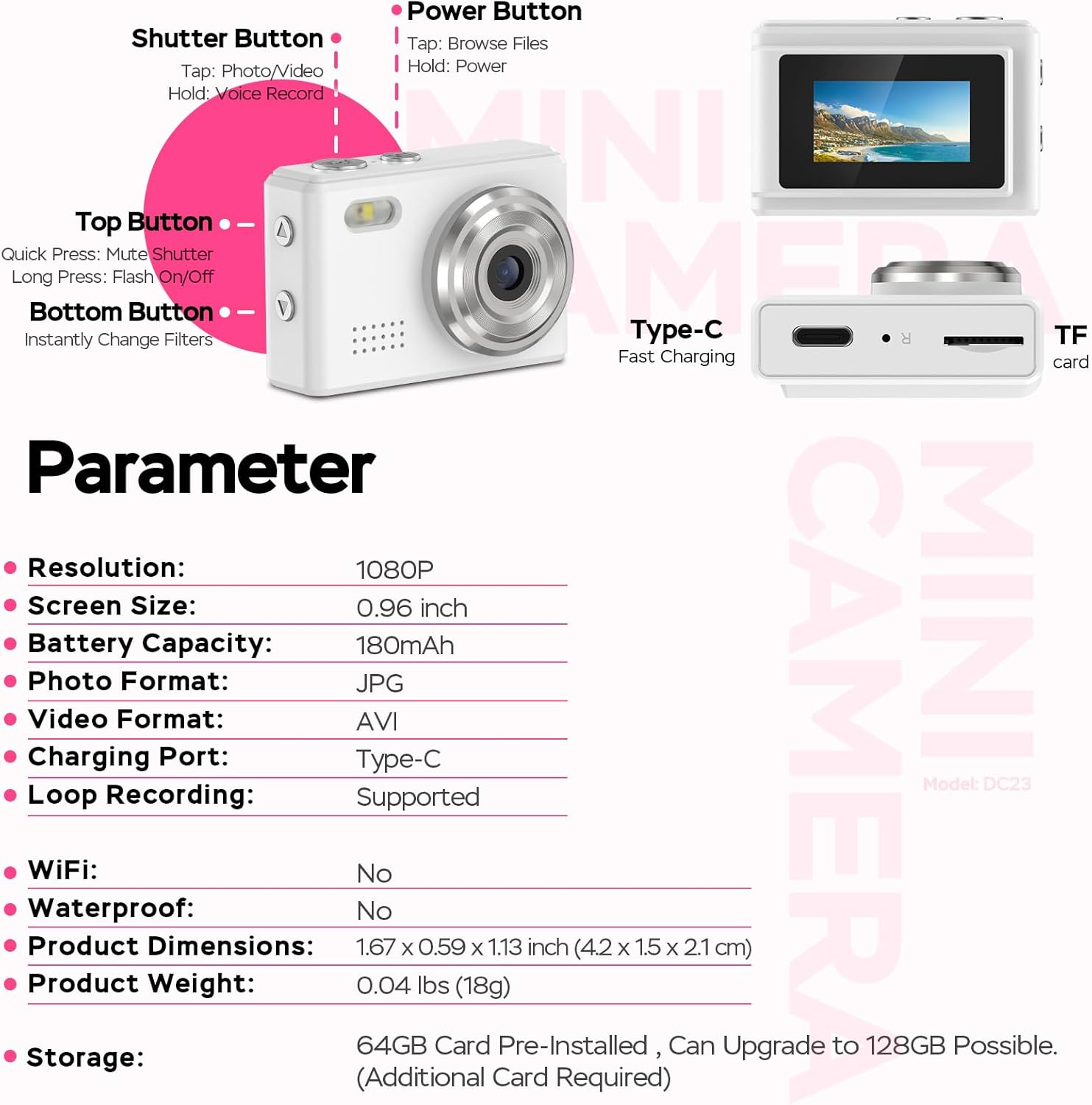 Mini Camera 1080P HD Video Recorder - Keychain Digital Camcorder with 64GB Card, 0.96" HD Display, Long Battery Life, Ultra-Portable Tiny Camera for Travel/Vlog/Night Shots (White) image 9 of 9 B0DX75KPLM