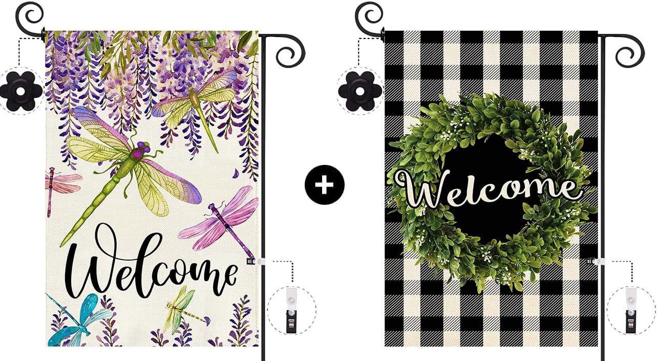 Baccessor 2 PCS Baccessor Boxwood Wreath Welcome Garden Flag Double Sided 12.5X18 and Spring Summer Flower Garden Flag