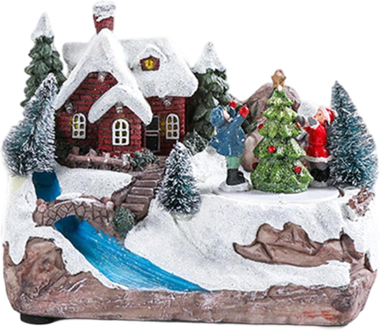 Christmas Village, Musical Christmas Village House, Resin Electric Figurines with Spinning Xmas Tree & LED Light for Home Party, USB/Battery(No Battery)