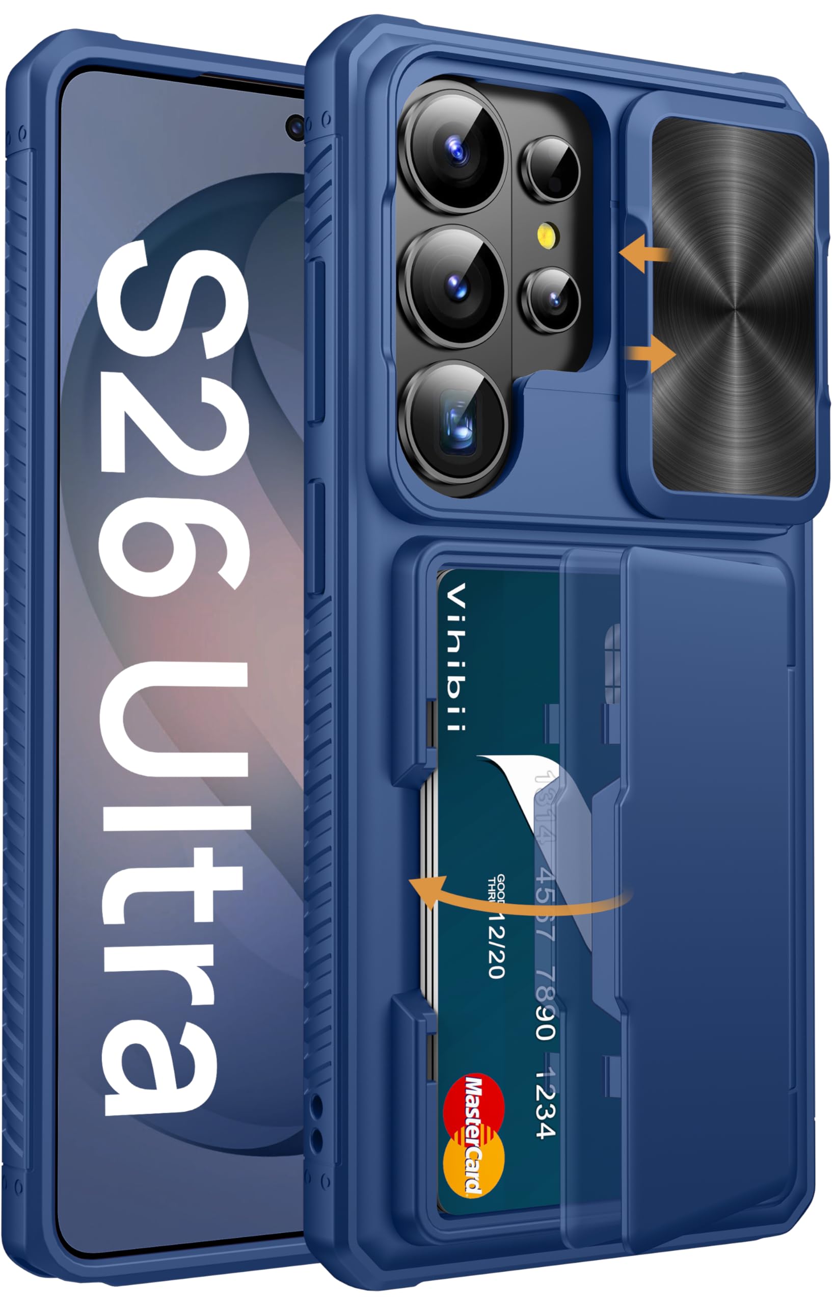 Vihibii for Samsung Galaxy S26 Ultra Case with Card Holder (4 Cards) [RFID Blocking] & Slide Camera Cover, Military Grade Drop Protection, Wallet Phone Cover for Samsung Galaxy S26 Ultra 6.9" 5G, Blue