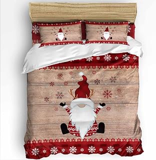 Merry Christmas Full Size Comforter Set, Gnome Xmas Elf on Rustic Wood Grain Soft Bedding for All Seasons, 4 Pcs Bed Set with 1Comforter (86"x86") ,1 Sheet(80"x116"), 2 Pillowcases (19"x29")